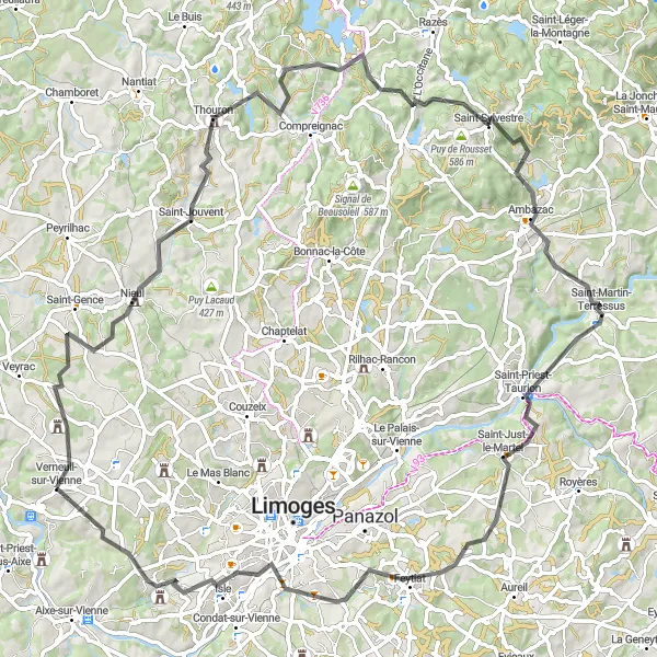Map miniature of "Verneuil-Sur-Vienne Circuit" cycling inspiration in Limousin, France. Generated by Tarmacs.app cycling route planner