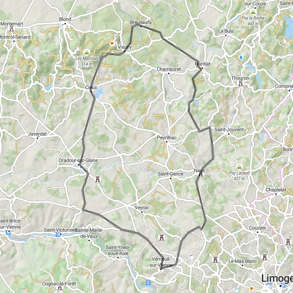 Map miniature of "Verneuil-sur-Vienne Loop" cycling inspiration in Limousin, France. Generated by Tarmacs.app cycling route planner