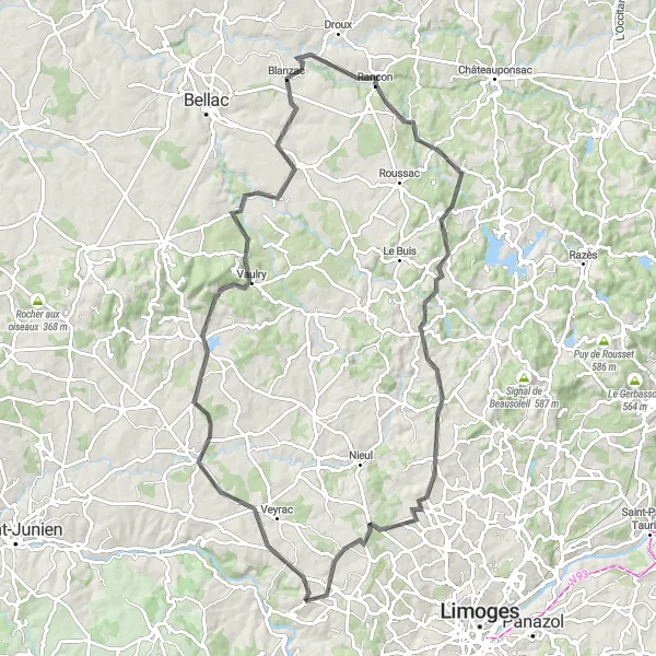 Map miniature of "Limoges Countryside Ride" cycling inspiration in Limousin, France. Generated by Tarmacs.app cycling route planner