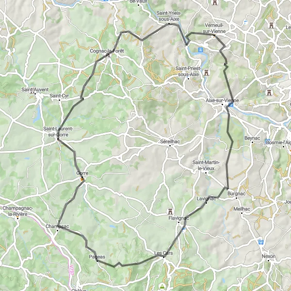 Map miniature of "Scenic Tour of Aixe-sur-Vienne" cycling inspiration in Limousin, France. Generated by Tarmacs.app cycling route planner