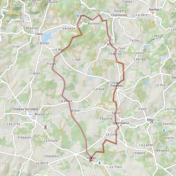 Map miniature of "Veyrac Gravel Ride" cycling inspiration in Limousin, France. Generated by Tarmacs.app cycling route planner