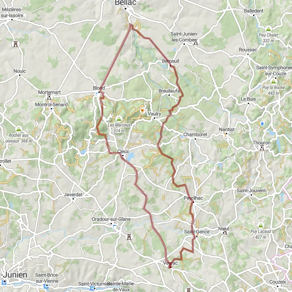 Map miniature of "Gravel Adventure" cycling inspiration in Limousin, France. Generated by Tarmacs.app cycling route planner