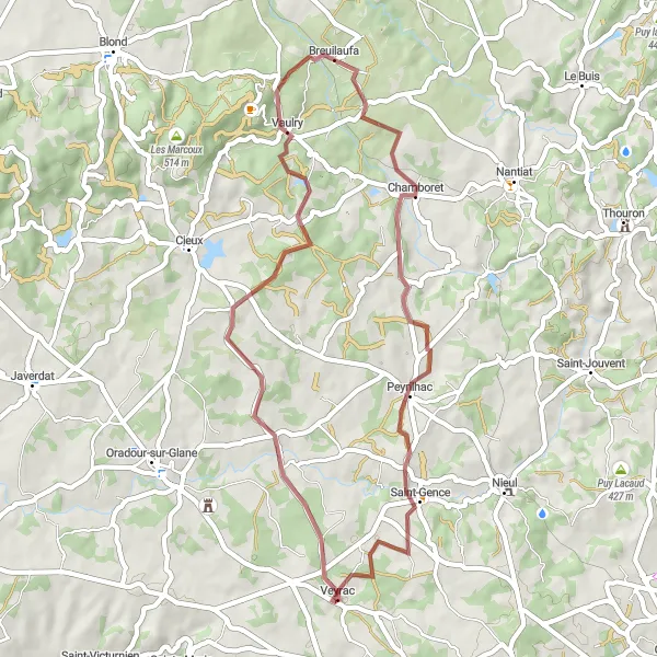 Map miniature of "Veyrac Loop" cycling inspiration in Limousin, France. Generated by Tarmacs.app cycling route planner
