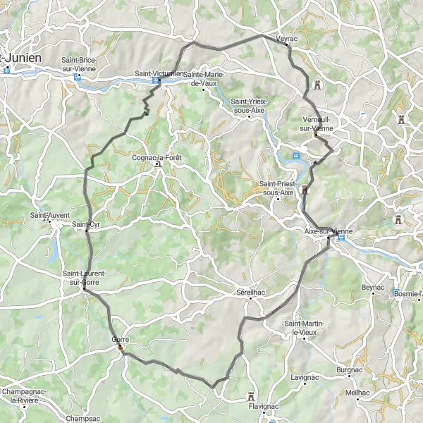 Map miniature of "Valleys and Villages" cycling inspiration in Limousin, France. Generated by Tarmacs.app cycling route planner