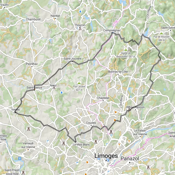 Miniature de la carte de l'inspiration cycliste "Parcours cycliste panoramique de Saint-Jouvent à La Madeleine" dans la Limousin, France. Générée par le planificateur d'itinéraire cycliste Tarmacs.app