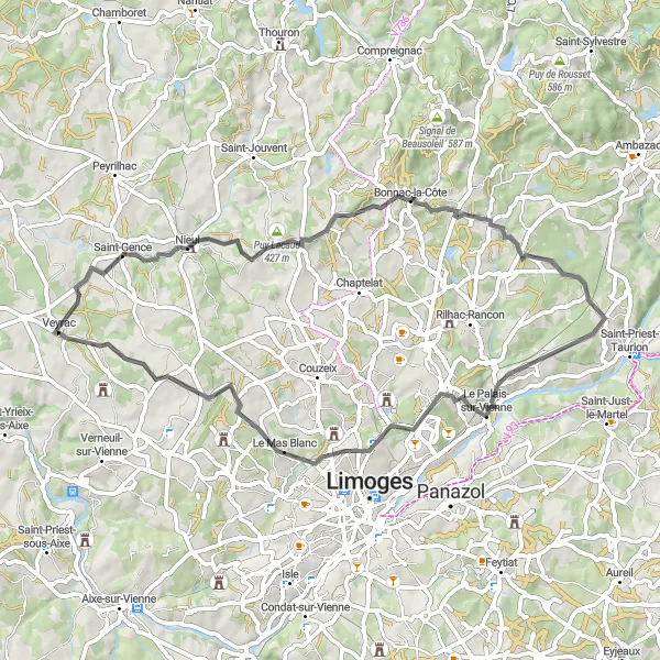 Miniature de la carte de l'inspiration cycliste "La Route des Châteaux" dans la Limousin, France. Générée par le planificateur d'itinéraire cycliste Tarmacs.app