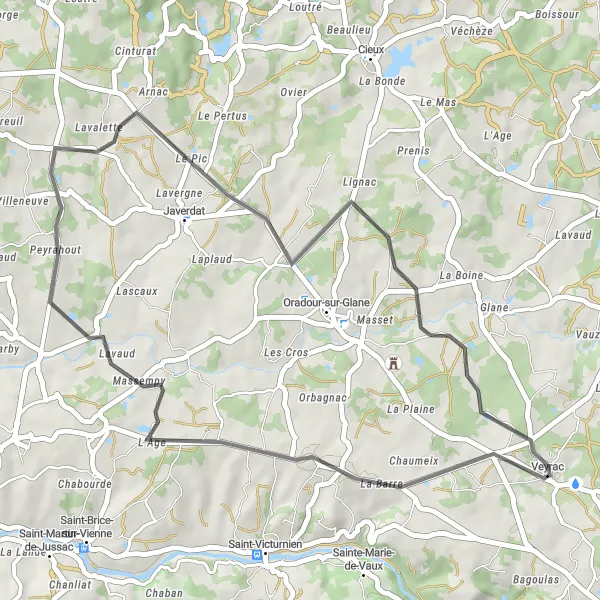 Map miniature of "Veyrac and Beyond" cycling inspiration in Limousin, France. Generated by Tarmacs.app cycling route planner