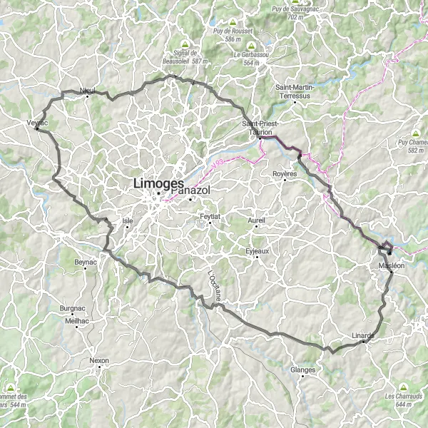 Map miniature of "Hills and History" cycling inspiration in Limousin, France. Generated by Tarmacs.app cycling route planner