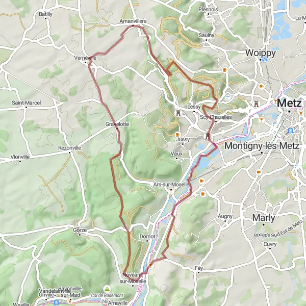Miniature de la carte de l'inspiration cycliste "Boucle Gravel autour de Amanvillers" dans la Lorraine, France. Générée par le planificateur d'itinéraire cycliste Tarmacs.app