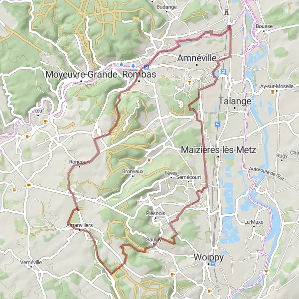 Miniature de la carte de l'inspiration cycliste "Boucle de gravel pittoresque près d'Amanvillers" dans la Lorraine, France. Générée par le planificateur d'itinéraire cycliste Tarmacs.app