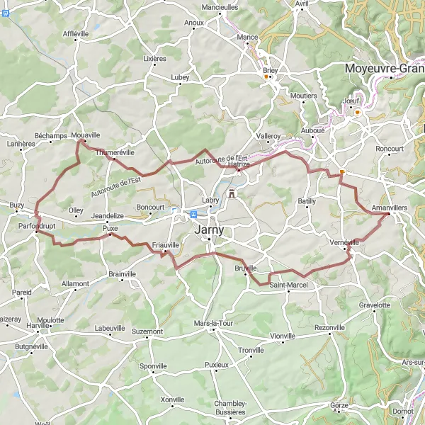 Miniature de la carte de l'inspiration cycliste "Les Collines de Lorraine" dans la Lorraine, France. Générée par le planificateur d'itinéraire cycliste Tarmacs.app