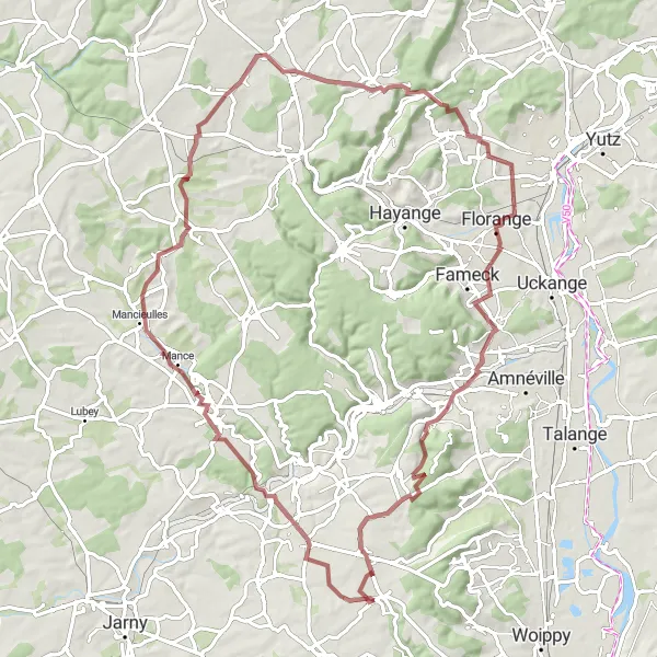 Miniature de la carte de l'inspiration cycliste "Parcours de gravel autour d'Amanvillers" dans la Lorraine, France. Générée par le planificateur d'itinéraire cycliste Tarmacs.app