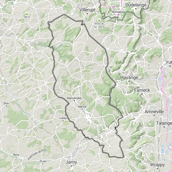 Miniature de la carte de l'inspiration cycliste "La Boucle des Châteaux Lorrains" dans la Lorraine, France. Générée par le planificateur d'itinéraire cycliste Tarmacs.app