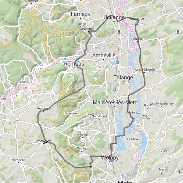 Miniature de la carte de l'inspiration cycliste "Les Charmes de la Vallée de la Moselle" dans la Lorraine, France. Générée par le planificateur d'itinéraire cycliste Tarmacs.app
