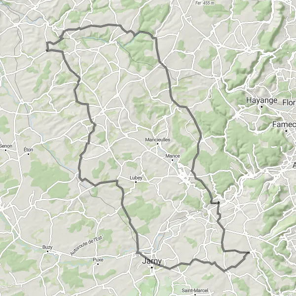 Miniature de la carte de l'inspiration cycliste "Itinéraire Routier vers Amanvillers" dans la Lorraine, France. Générée par le planificateur d'itinéraire cycliste Tarmacs.app