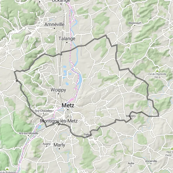 Miniature de la carte de l'inspiration cycliste "Parcours Routier via Amanvillers" dans la Lorraine, France. Générée par le planificateur d'itinéraire cycliste Tarmacs.app