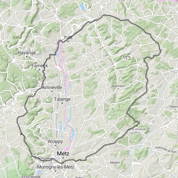 Miniature de la carte de l'inspiration cycliste "Grand Circuit Cycliste autour de Amanvillers" dans la Lorraine, France. Générée par le planificateur d'itinéraire cycliste Tarmacs.app