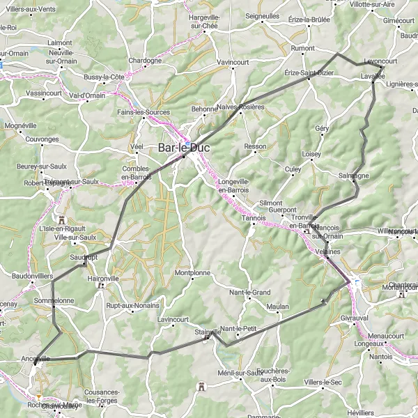 Map miniature of "The Barrois Adventure" cycling inspiration in Lorraine, France. Generated by Tarmacs.app cycling route planner