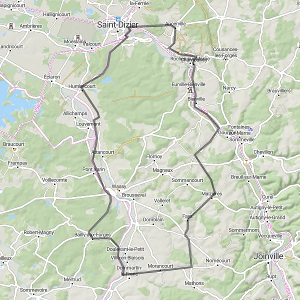 Miniature de la carte de l'inspiration cycliste "Tour en boucle de Ancerville vers Bailly-aux-Forges" dans la Lorraine, France. Générée par le planificateur d'itinéraire cycliste Tarmacs.app