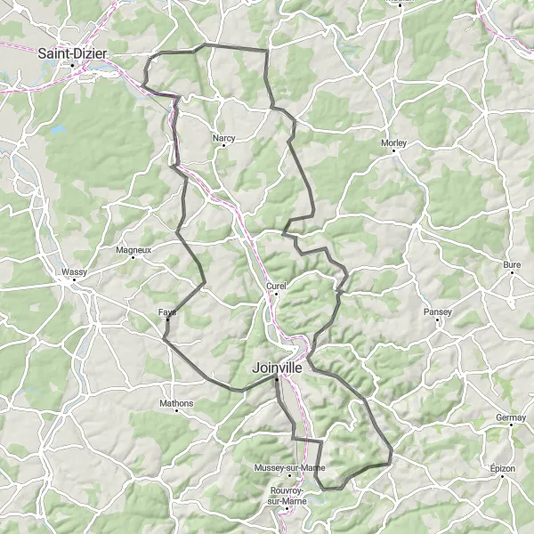 Miniature de la carte de l'inspiration cycliste "Les collines du Perthois" dans la Lorraine, France. Générée par le planificateur d'itinéraire cycliste Tarmacs.app