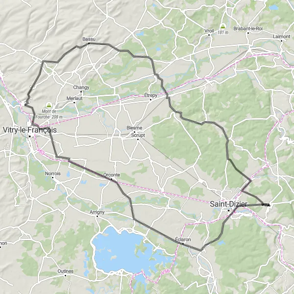 Map miniature of "The Champagne Route" cycling inspiration in Lorraine, France. Generated by Tarmacs.app cycling route planner