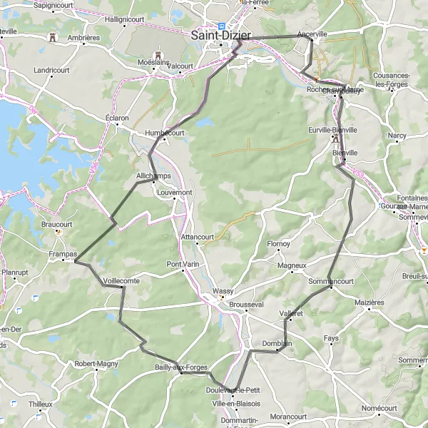 Map miniature of "Ancerville to Eurville-Bienville Road Cycling Tour" cycling inspiration in Lorraine, France. Generated by Tarmacs.app cycling route planner