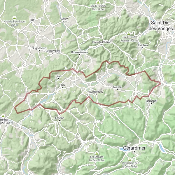Miniature de la carte de l'inspiration cycliste "Parcours accidenté à travers les collines de Lorraine" dans la Lorraine, France. Générée par le planificateur d'itinéraire cycliste Tarmacs.app