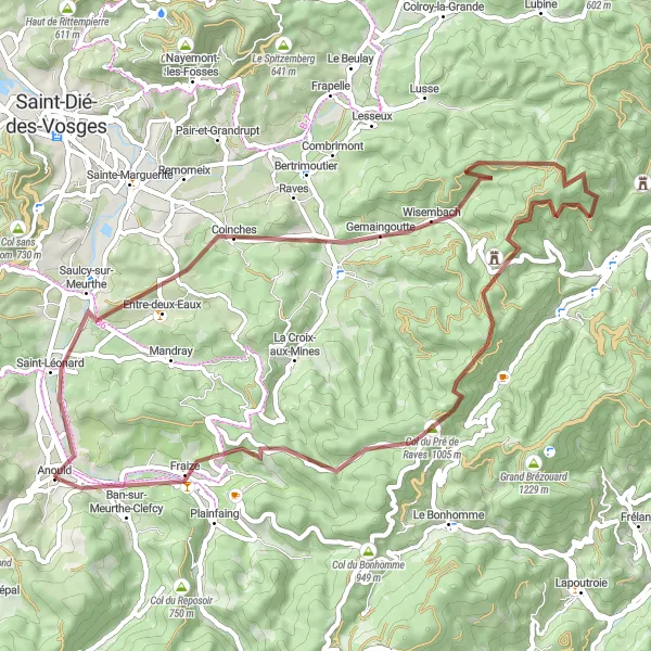 Miniature de la carte de l'inspiration cycliste "Aventure Gravel à travers les forêts vosgiennes" dans la Lorraine, France. Générée par le planificateur d'itinéraire cycliste Tarmacs.app