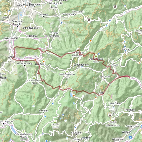 Miniature de la carte de l'inspiration cycliste "Parcours Gravel à travers les Vosges" dans la Lorraine, France. Générée par le planificateur d'itinéraire cycliste Tarmacs.app