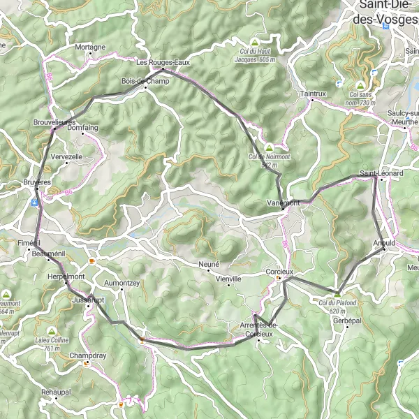 Miniature de la carte de l'inspiration cycliste "Tour cycliste 'Les cols et villages vosgiens'" dans la Lorraine, France. Générée par le planificateur d'itinéraire cycliste Tarmacs.app