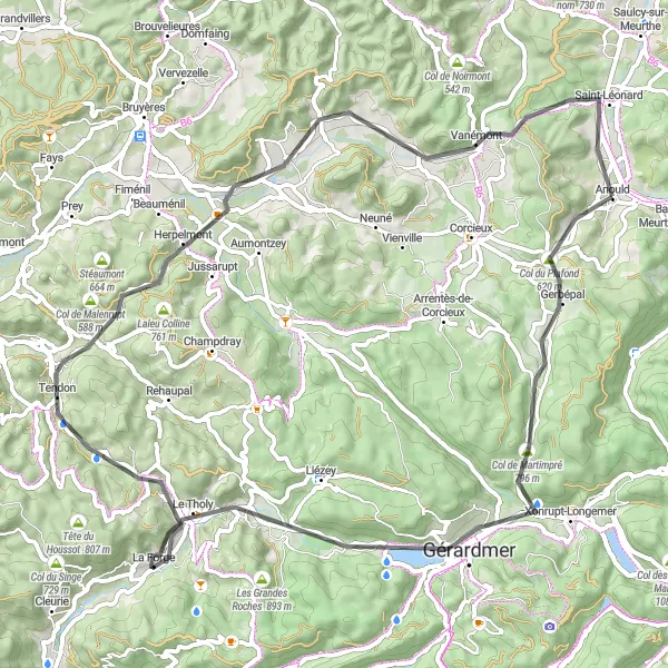 Miniature de la carte de l'inspiration cycliste "Boucle cycliste à travers Gerbépal et Tendon" dans la Lorraine, France. Générée par le planificateur d'itinéraire cycliste Tarmacs.app