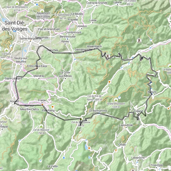Map miniature of "Grand Boucle des Vosges" cycling inspiration in Lorraine, France. Generated by Tarmacs.app cycling route planner