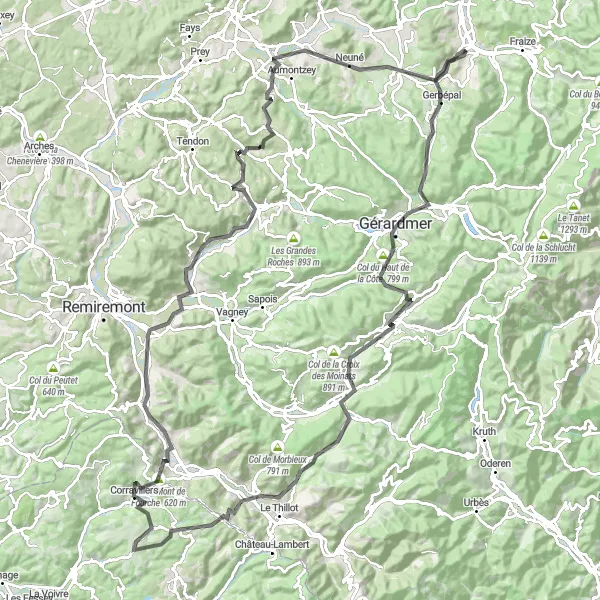 Map miniature of "The Vosges Peaks Challenge" cycling inspiration in Lorraine, France. Generated by Tarmacs.app cycling route planner