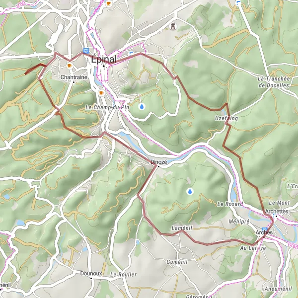 Map miniature of "Dinozé Épinal Chenevière Archettes Gravel Circuit" cycling inspiration in Lorraine, France. Generated by Tarmacs.app cycling route planner