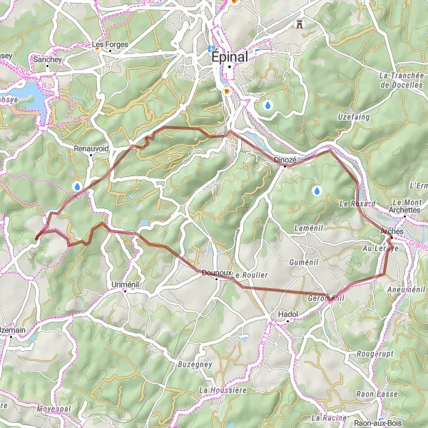 Map miniature of "Arches Gravel Adventure" cycling inspiration in Lorraine, France. Generated by Tarmacs.app cycling route planner