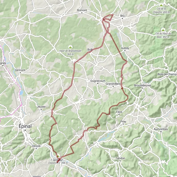 Map miniature of "Chenevière Vaudéville Bult Fremifontaine Châtillon Charmois Circuit" cycling inspiration in Lorraine, France. Generated by Tarmacs.app cycling route planner