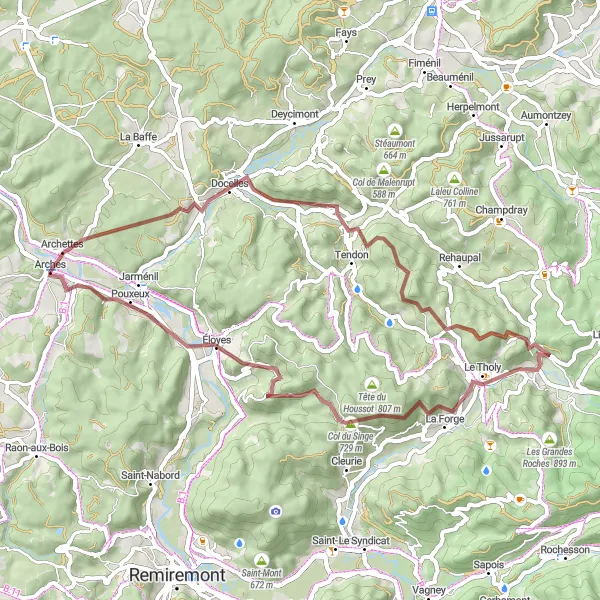 Map miniature of "Gravel Cycling Adventure near Arches" cycling inspiration in Lorraine, France. Generated by Tarmacs.app cycling route planner