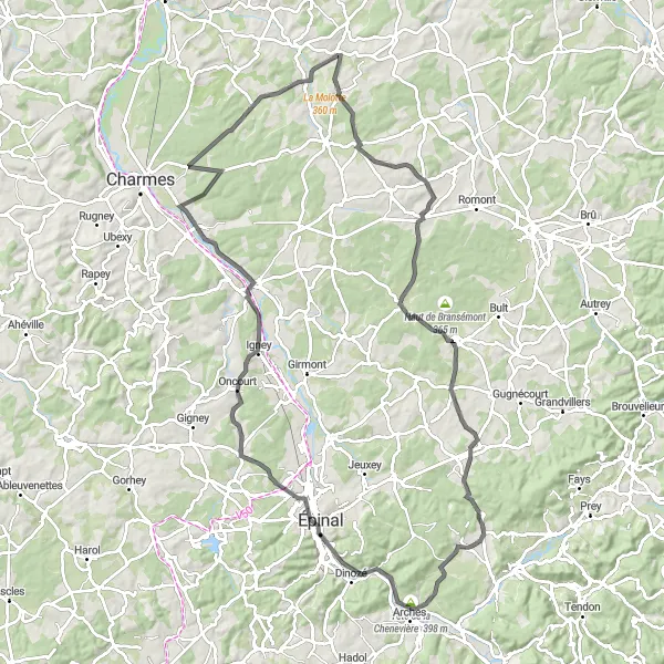 Map miniature of "Arches to Domèvre-sur-Avière" cycling inspiration in Lorraine, France. Generated by Tarmacs.app cycling route planner