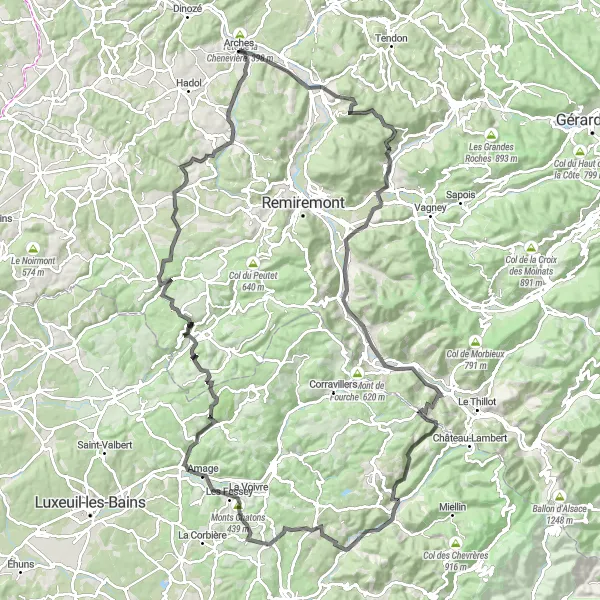 Map miniature of "Eloyes Cuveaux Saint-Amé Rupt-sur-Moselle Servance Chatons Circuit" cycling inspiration in Lorraine, France. Generated by Tarmacs.app cycling route planner