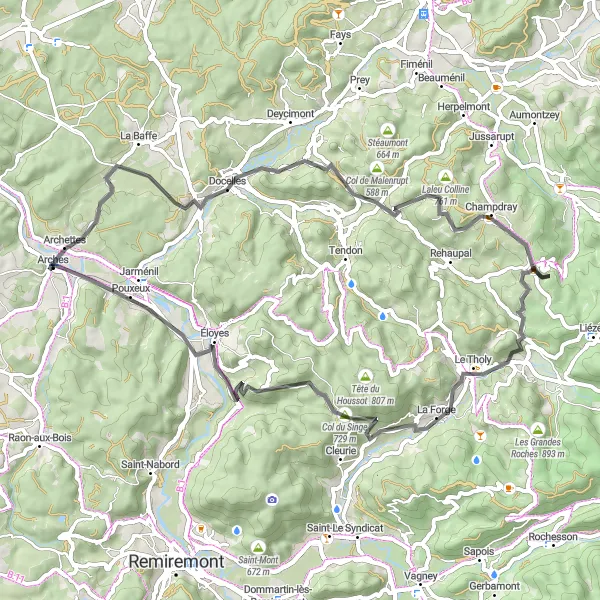 Map miniature of "Arches to Tête de la Chenevière" cycling inspiration in Lorraine, France. Generated by Tarmacs.app cycling route planner