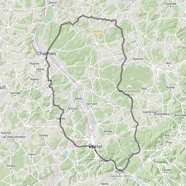 Map miniature of "Arches to Épinal" cycling inspiration in Lorraine, France. Generated by Tarmacs.app cycling route planner