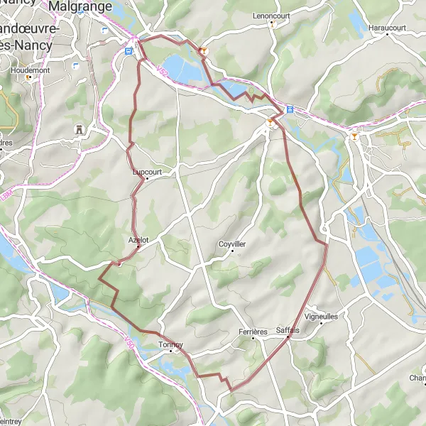 Miniature de la carte de l'inspiration cycliste "L'Escapade dans la Campagne Lorraine" dans la Lorraine, France. Générée par le planificateur d'itinéraire cycliste Tarmacs.app