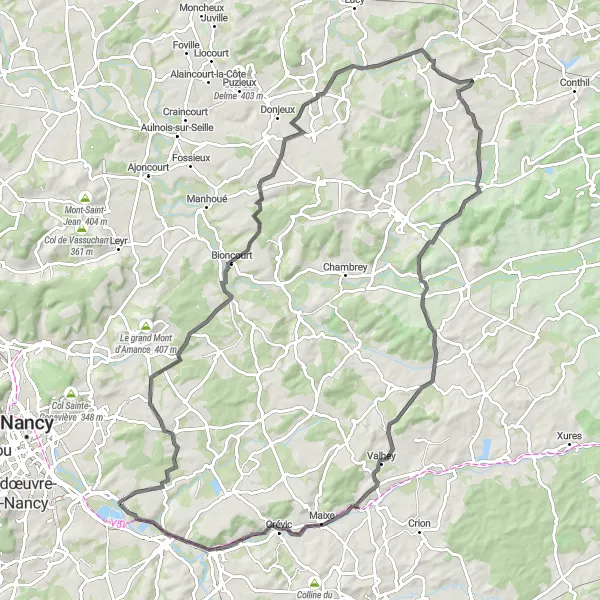 Map miniature of "Art-sur-Meurthe to Oriocourt Road Adventure" cycling inspiration in Lorraine, France. Generated by Tarmacs.app cycling route planner