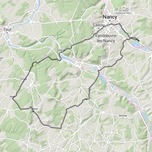 Map miniature of "Art-sur-Meurthe Challenge Road Cycling" cycling inspiration in Lorraine, France. Generated by Tarmacs.app cycling route planner