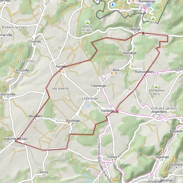 Miniature de la carte de l'inspiration cycliste "Boucle des Trois Frontières" dans la Lorraine, France. Générée par le planificateur d'itinéraire cycliste Tarmacs.app