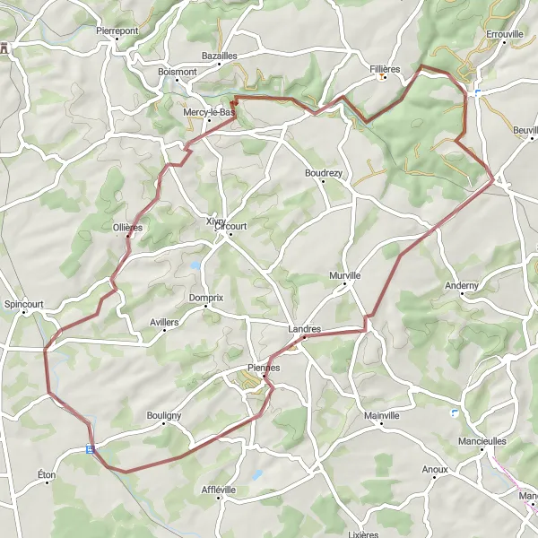 Miniature de la carte de l'inspiration cycliste "Les Chemins de la Meuse" dans la Lorraine, France. Générée par le planificateur d'itinéraire cycliste Tarmacs.app