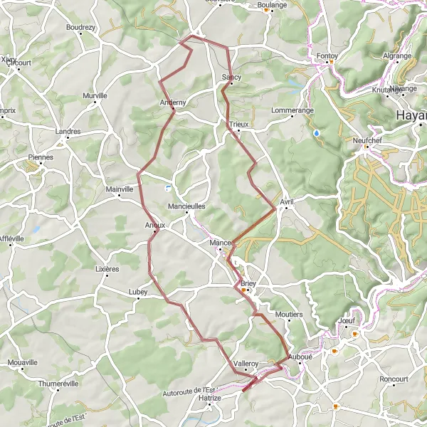Map miniature of "The Briey Gravel Route" cycling inspiration in Lorraine, France. Generated by Tarmacs.app cycling route planner
