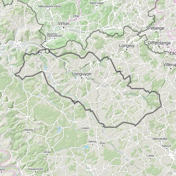 Map miniature of "The Landres Loop" cycling inspiration in Lorraine, France. Generated by Tarmacs.app cycling route planner