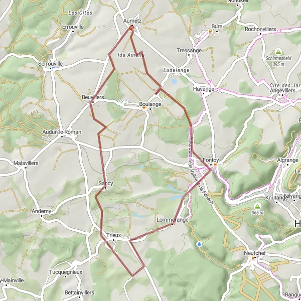 Map miniature of "Explore the Gravel Roads of Aumetz and Lommerange" cycling inspiration in Lorraine, France. Generated by Tarmacs.app cycling route planner