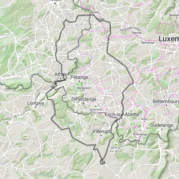 Map miniature of "Cross-Border Adventure to Esch-sur-Alzette and Aumetz" cycling inspiration in Lorraine, France. Generated by Tarmacs.app cycling route planner